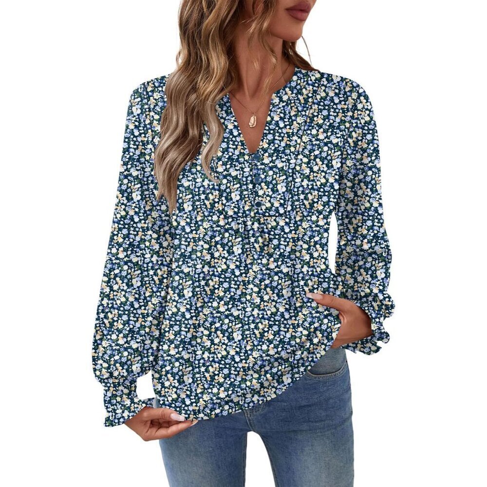 Women's Long Sleeve V Neck Blouse Casual Dressy Tops for Work and Outfits - Picture 2 of 6